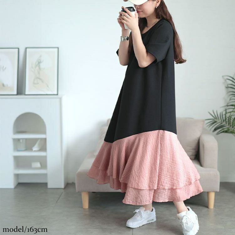 大きいサイズ レディース 異素材ドッキングロングワンピース　goldy-1706