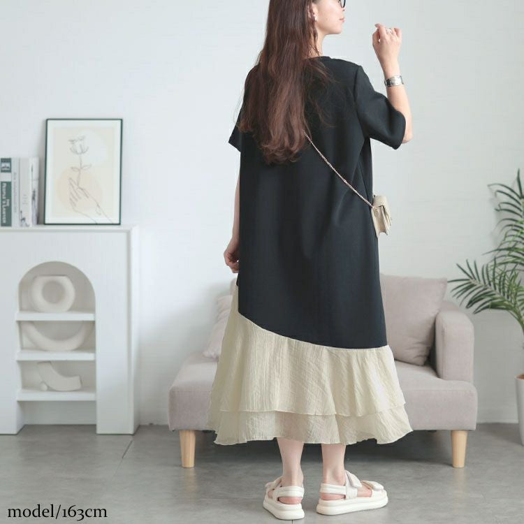 大きいサイズ レディース 異素材ドッキングロングワンピース　goldy-1706