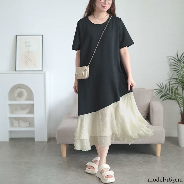 大きいサイズ レディース 異素材ドッキングロングワンピース　goldy-1706 オフホワイト