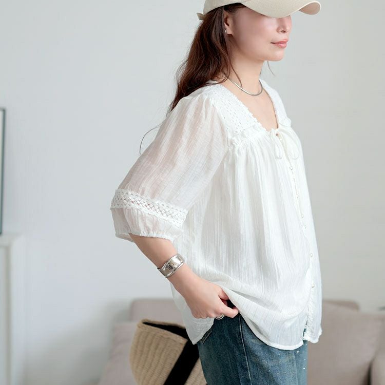 大きいサイズ レディース 刺繍レースリボンブラウス　goldy-1705【メール便可】