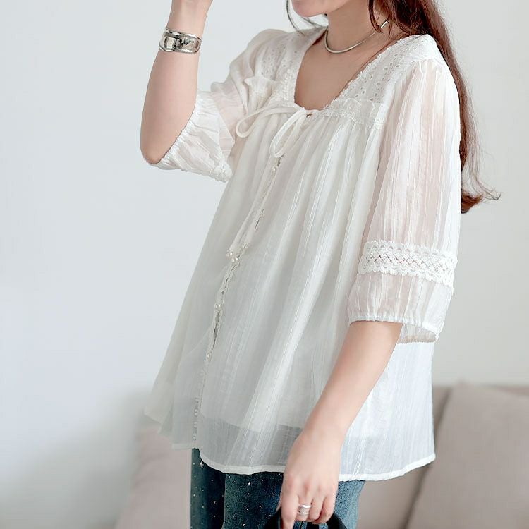 大きいサイズ レディース 刺繍レースリボンブラウス　goldy-1705【メール便可】