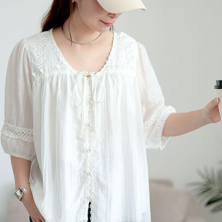 大きいサイズ レディース 刺繍レースリボンブラウス　goldy-1705【メール便可】