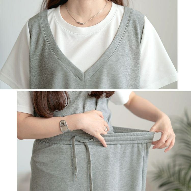 大きいサイズ レディース フェイクレイヤードTシャツ＆スウェットスカートセット　goldy-1704