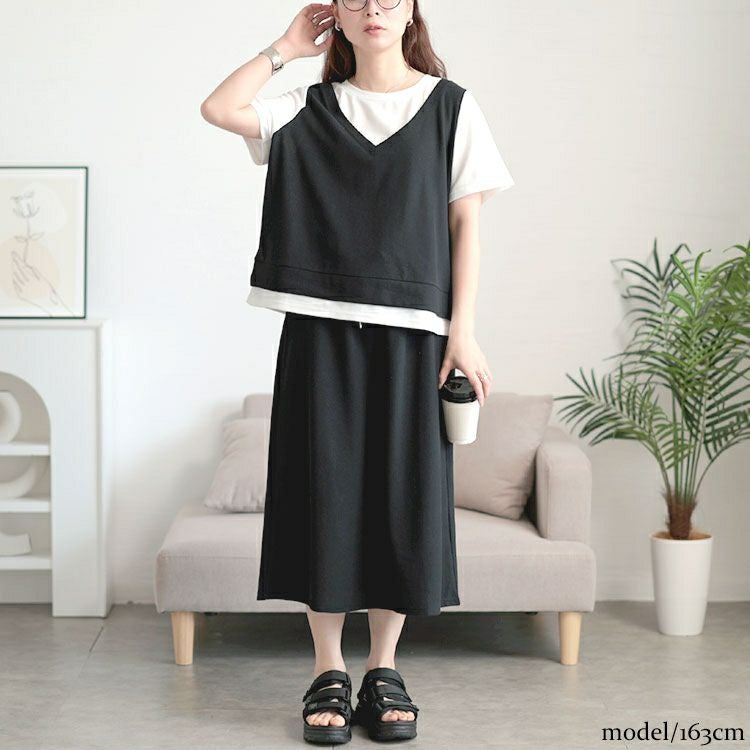 大きいサイズ レディース フェイクレイヤードTシャツ＆スウェットスカートセット　goldy-1704