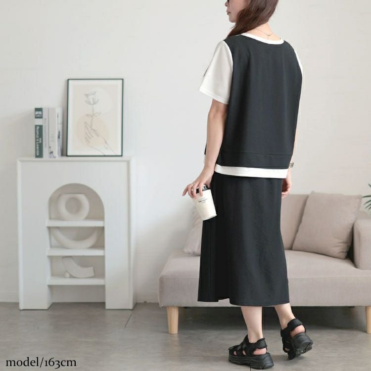 大きいサイズ レディース フェイクレイヤードTシャツ＆スウェットスカートセット　goldy-1704