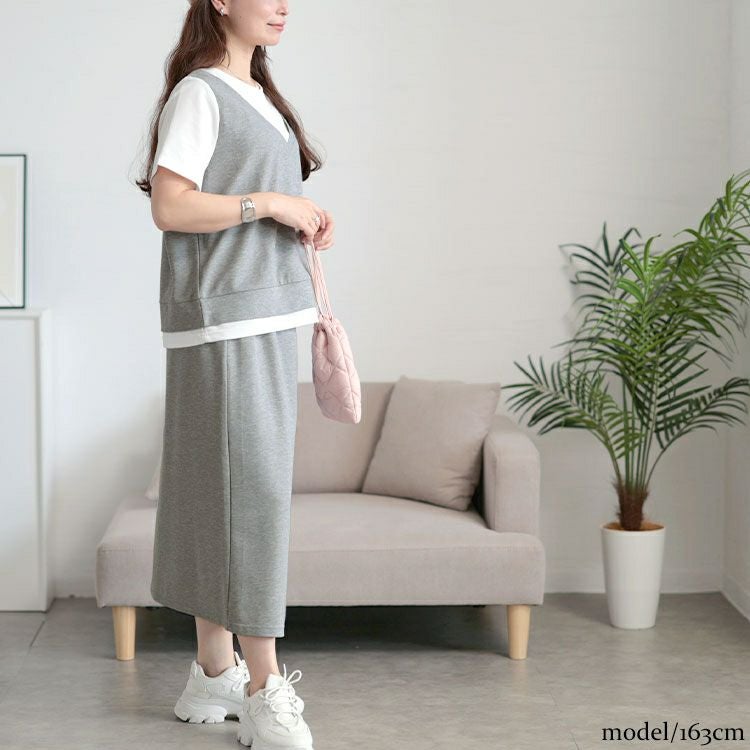 大きいサイズ レディース フェイクレイヤードTシャツ＆スウェットスカートセット　goldy-1704