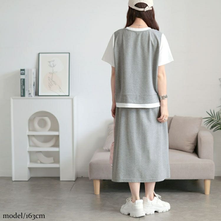 大きいサイズ レディース フェイクレイヤードTシャツ＆スウェットスカートセット　goldy-1704