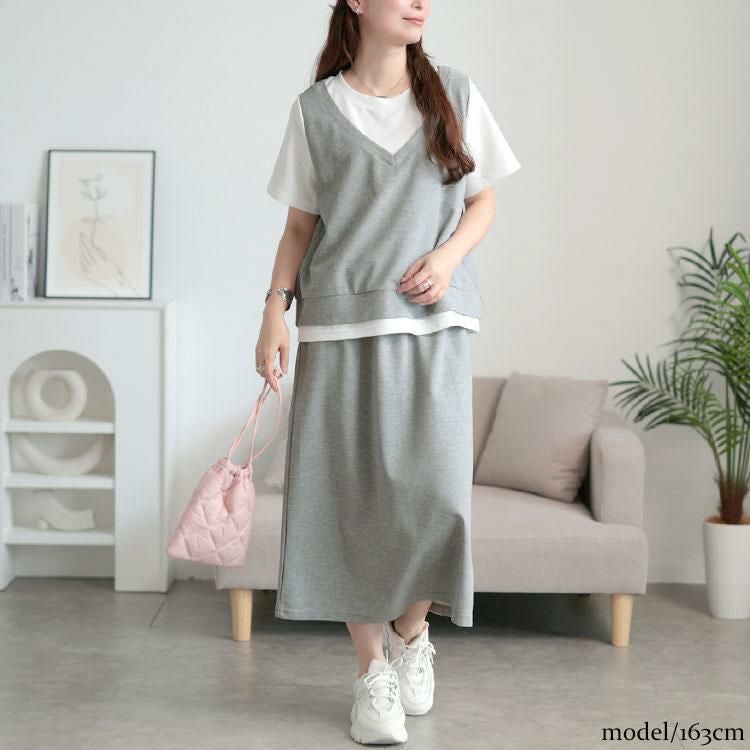 大きいサイズ レディース フェイクレイヤードTシャツ＆スウェットスカートセット　goldy-1704 グレー