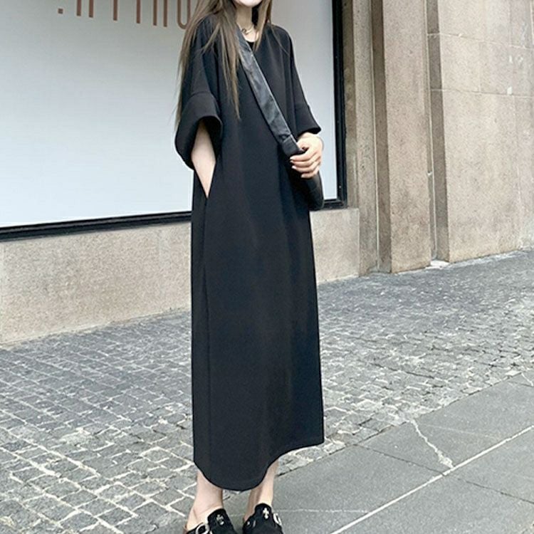 大きいサイズ レディース フレア袖バックスリットロングワンピース　goldy-1700