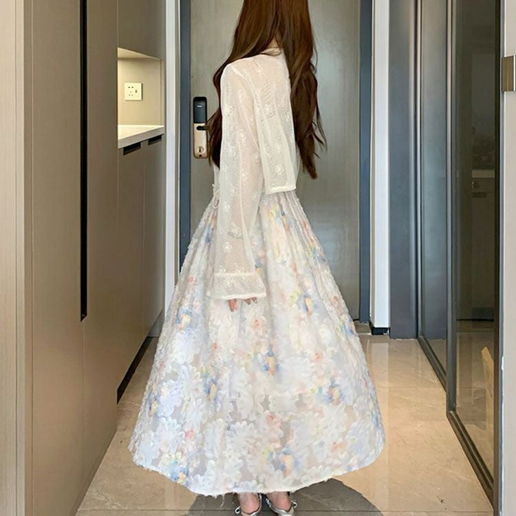 大きいサイズ レディース メッシュレース長袖カーディガン＆パステルカラーキャミワンピースセット　goldy-1699