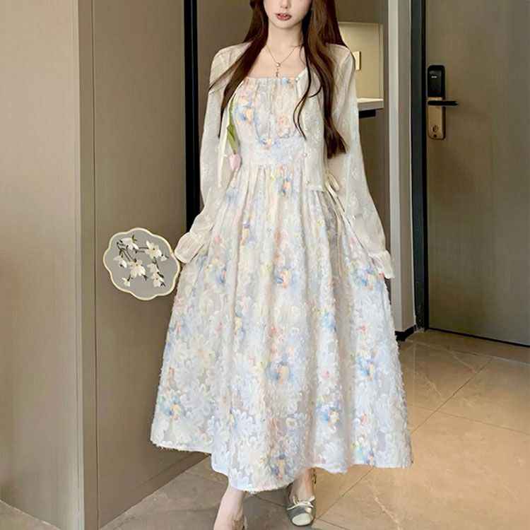 大きいサイズ レディース メッシュレース長袖カーディガン＆パステルカラーキャミワンピースセット　goldy-1699