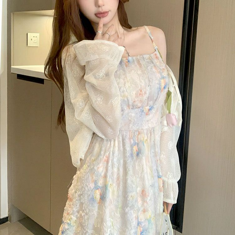 大きいサイズ レディース メッシュレース長袖カーディガン＆パステルカラーキャミワンピースセット　goldy-1699