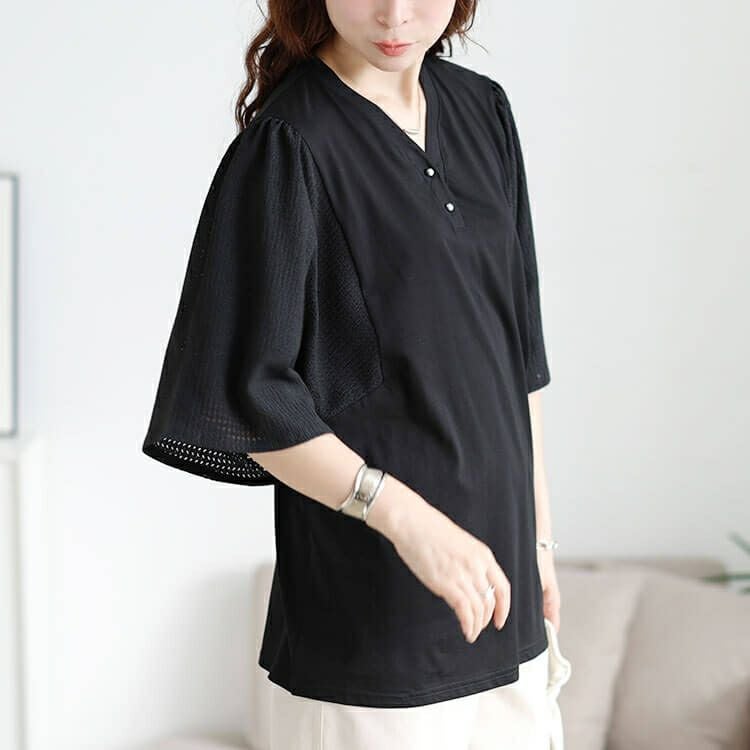 大きいサイズ レディース 袖異素材切り替えVネックプルオーバー　tog-1055 【メール便可】