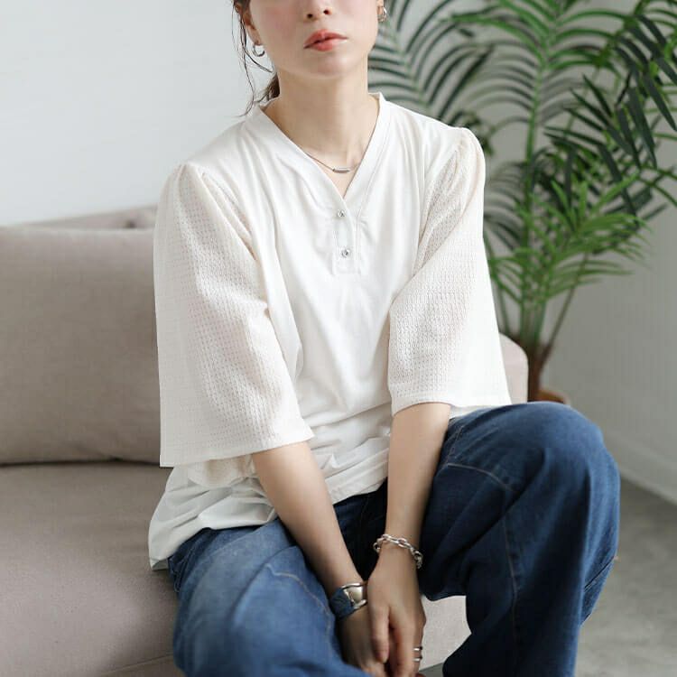 大きいサイズ レディース 袖異素材切り替えVネックプルオーバー　tog-1055 【メール便可】