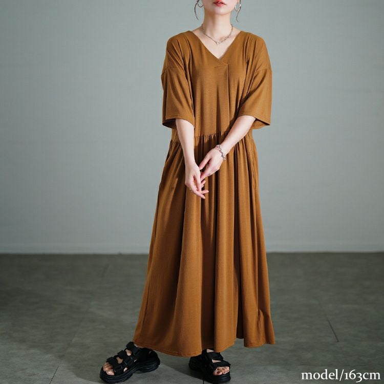 大きいサイズ レディース 胸タックギャザー切り替えワイドワンピース　maru-30177