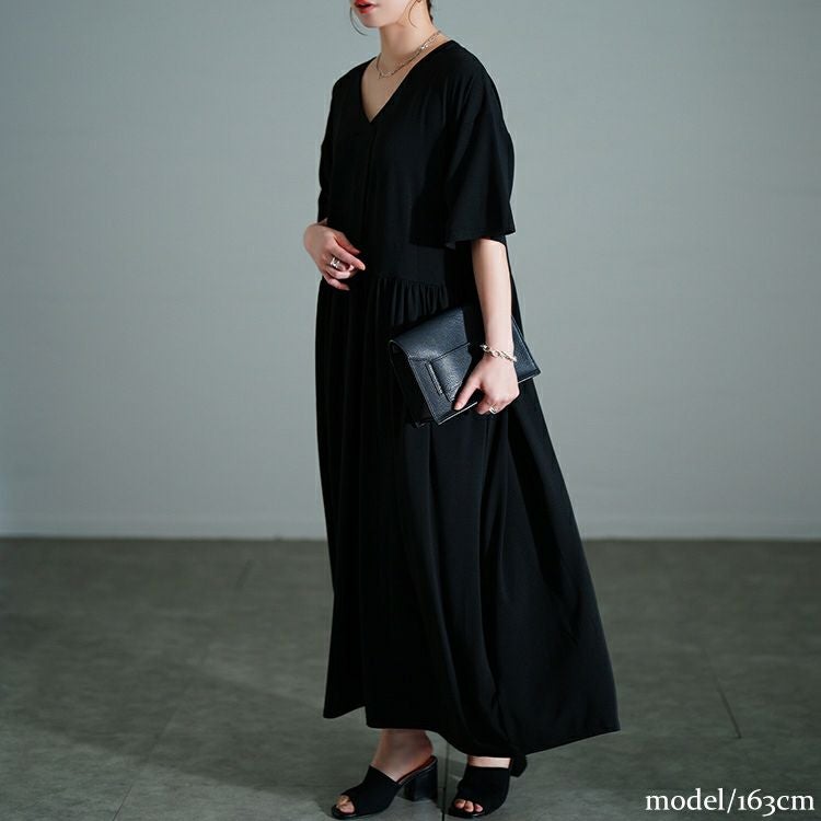 大きいサイズ レディース 胸タックギャザー切り替えワイドワンピース　maru-30177