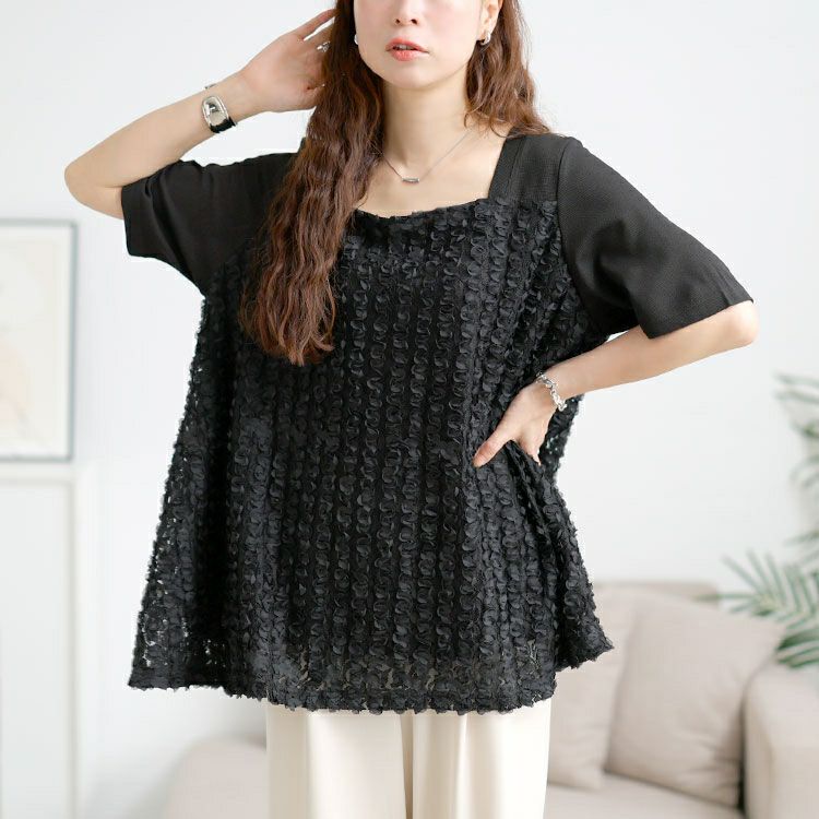 大きいサイズ レディース レースチュール切り替えフレアチュニック　maru-30176
