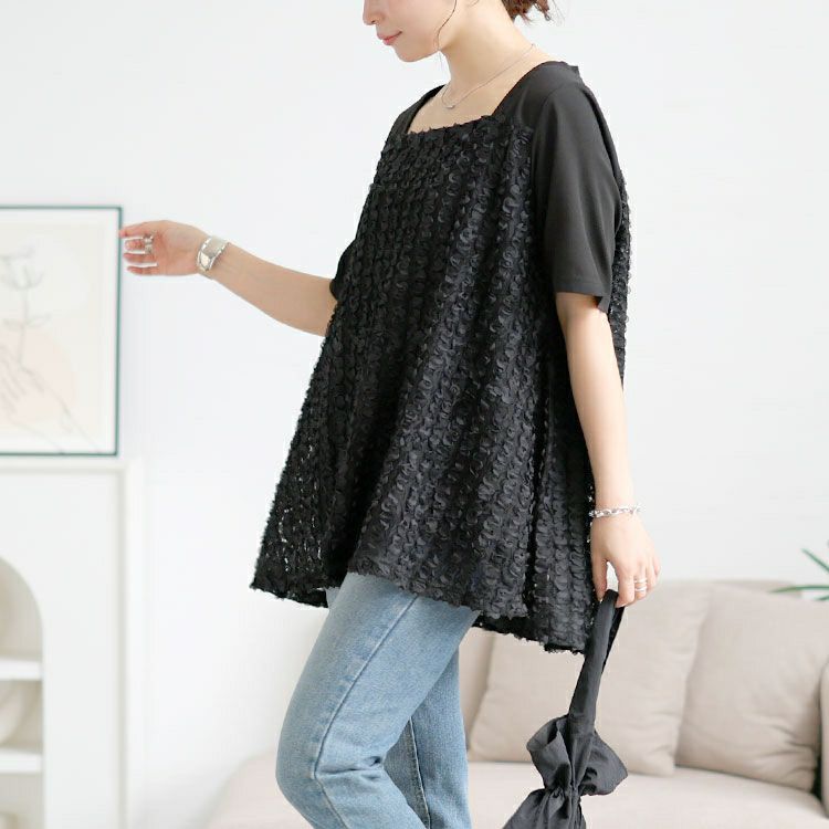 大きいサイズ レディース レースチュール切り替えフレアチュニック　maru-30176