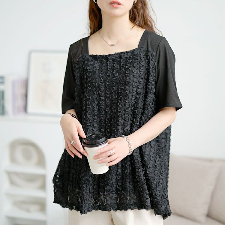 大きいサイズ レディース レースチュール切り替えフレアチュニック　maru-30176