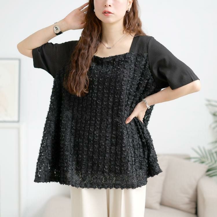 大きいサイズ レディース レースチュール切り替えフレアチュニック　maru-30176 ブラック