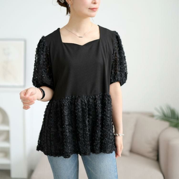 大きいサイズ レディース レースチュール切り替えぺプラムプルオーバー　maru-30175 【メール便可】 ブラック