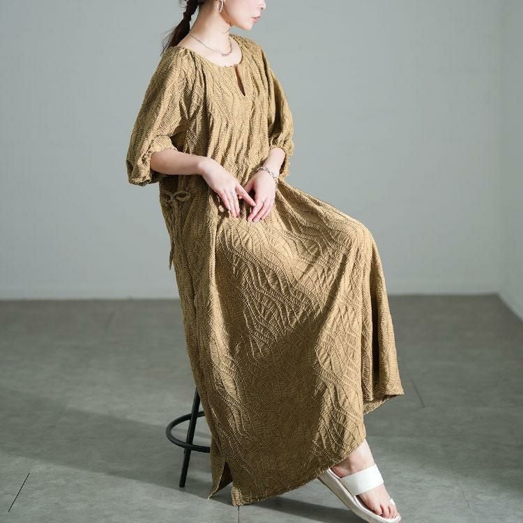 大きいサイズ レディース ウェーブ柄ジャガードドロストワンピース　maru-30160 ベージュ