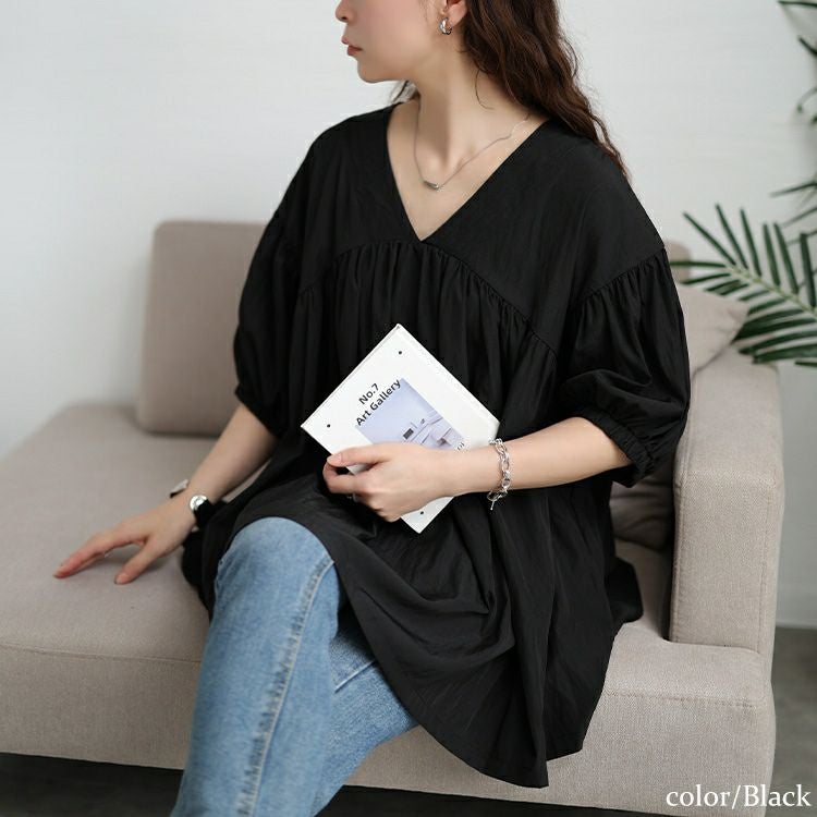 大きいサイズ レディース 接触冷感ギャザー切り替えチュニック　maru-30173 【メール便可】