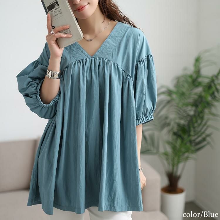 大きいサイズ レディース 接触冷感ギャザー切り替えチュニック　maru-30173 【メール便可】 ブルー