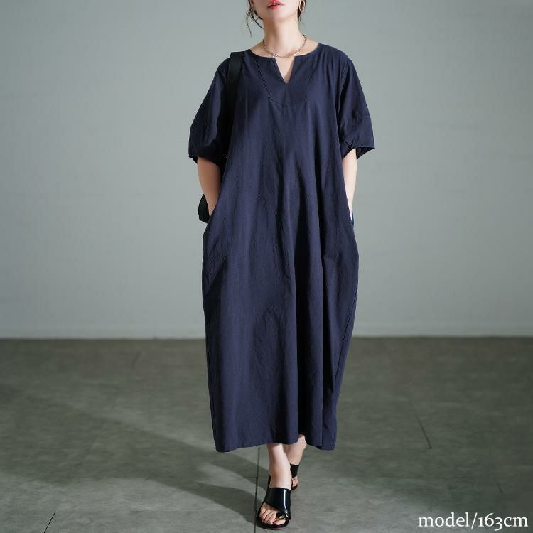 大きいサイズ レディース 後ろピンタックコットンワンピース　maru-30172 【メール便可】 ネイビー
