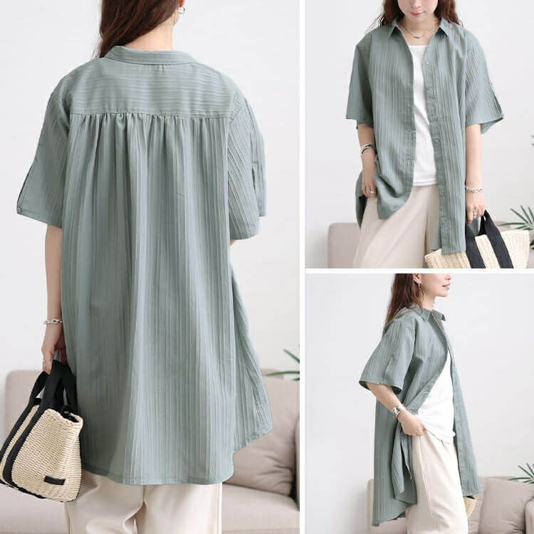 大きいサイズ レディース 楊柳ストライプフレアシャツチュニック　maru-30158 【メール便可】
