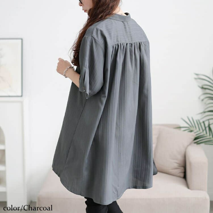 大きいサイズ レディース 楊柳ストライプフレアシャツチュニック　maru-30158 【メール便可】