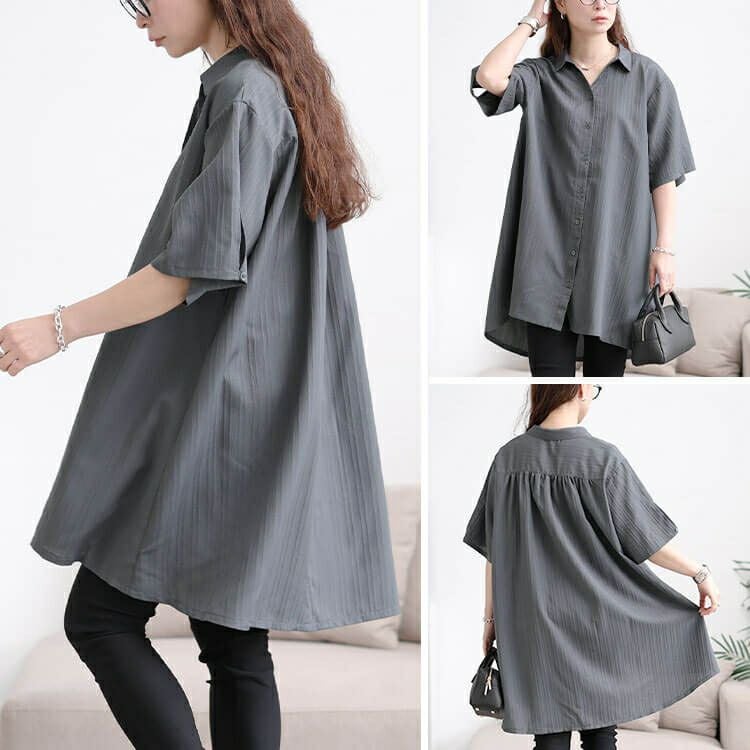 大きいサイズ レディース 楊柳ストライプフレアシャツチュニック　maru-30158 【メール便可】