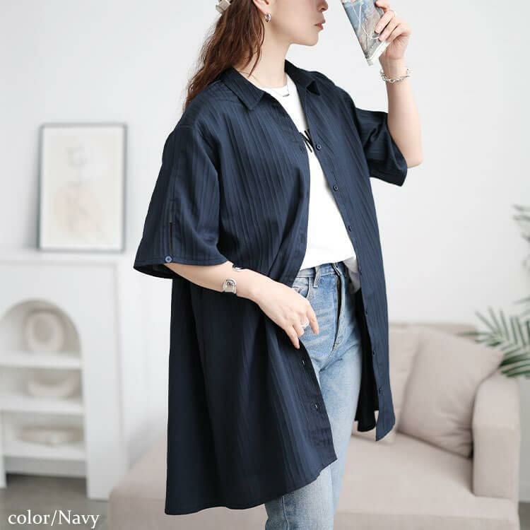 大きいサイズ レディース 楊柳ストライプフレアシャツチュニック　maru-30158 【メール便可】 ネイビー