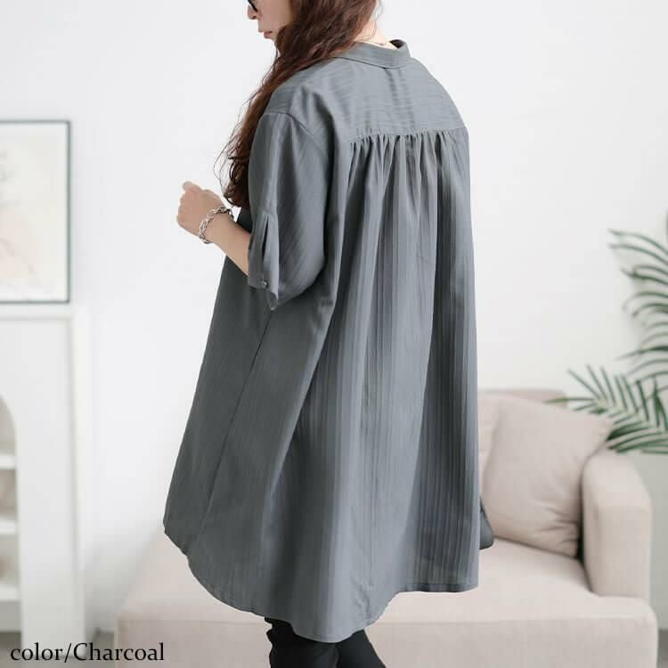 大きいサイズ レディース 楊柳ストライプフレアシャツチュニック　maru-30158 【メール便可】 チャコール