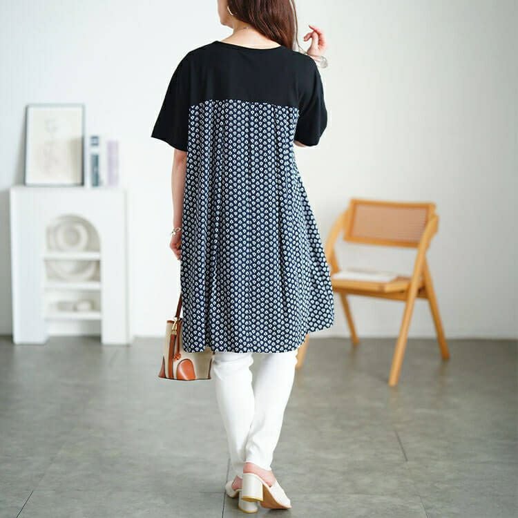 大きいサイズ レディース 小花柄切り替えチュニックワンピース　cpdai-640846 【メール便可】