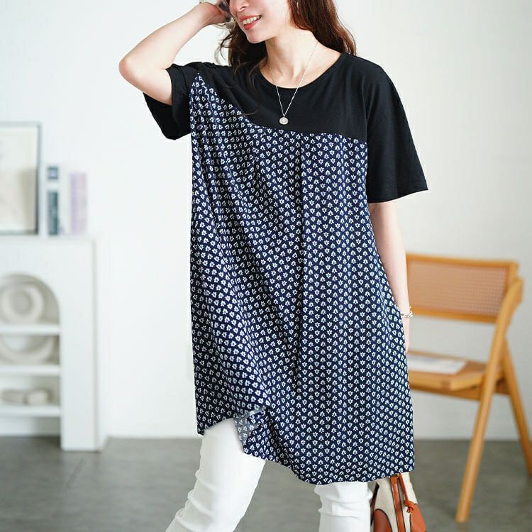 大きいサイズ レディース 小花柄切り替えチュニックワンピース　cpdai-640846 【メール便可】