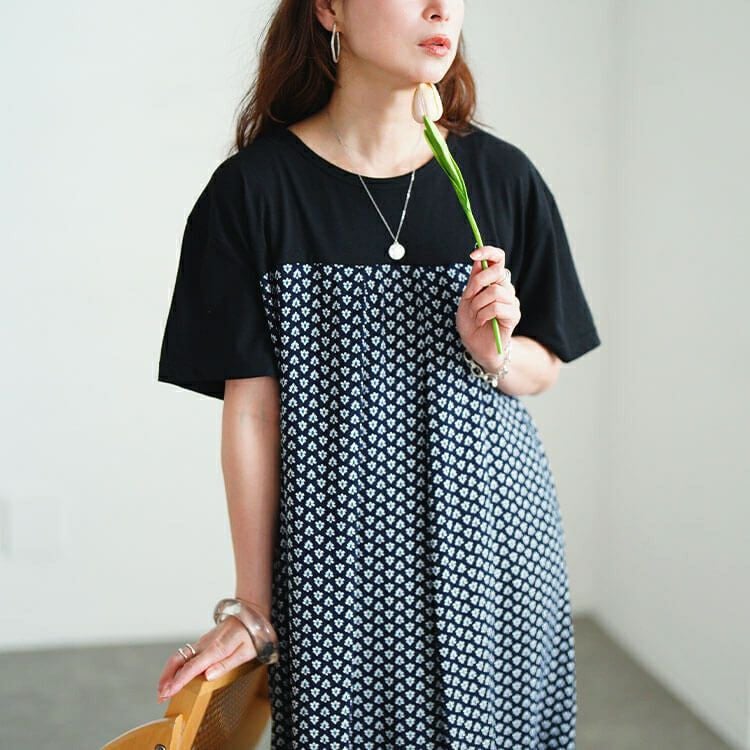 大きいサイズ レディース 小花柄切り替えチュニックワンピース　cpdai-640846 【メール便可】