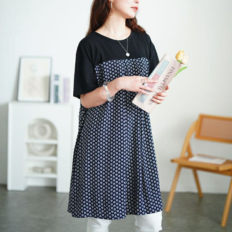 大きいサイズ レディース 小花柄切り替えチュニックワンピース　cpdai-640846 【メール便可】