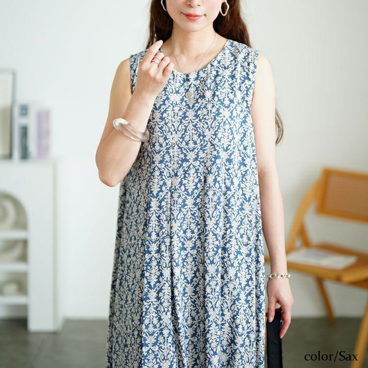 大きいサイズ レディース 接触冷感花柄タックノースリーブワンピース　cpdai-640830 【メール便可】