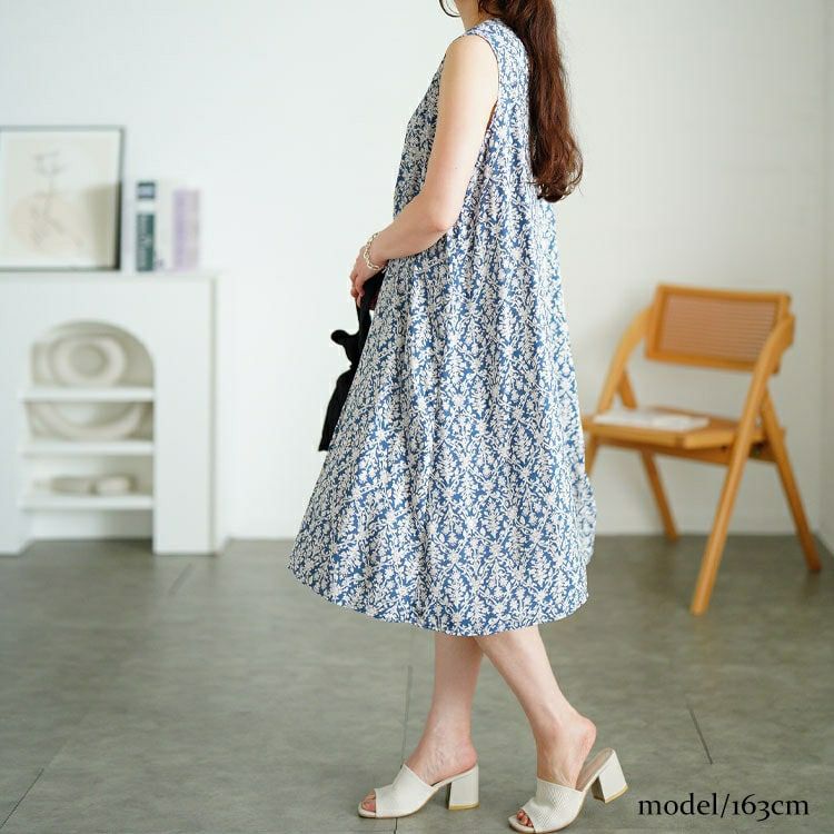 大きいサイズ レディース 接触冷感花柄タックノースリーブワンピース　cpdai-640830 【メール便可】