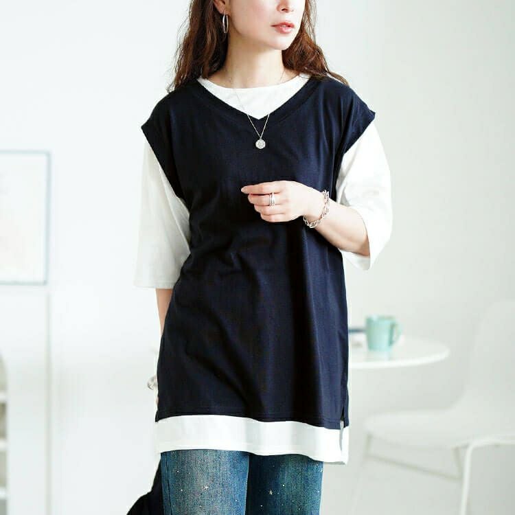 大きいサイズ レディース 接触冷感フェイクベストコットンチュニック　cpdai-659690 【メール便可】