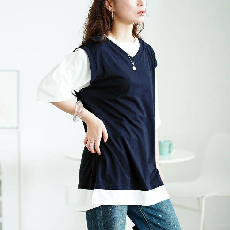 大きいサイズ レディース 接触冷感フェイクベストコットンチュニック　cpdai-659690 【メール便可】