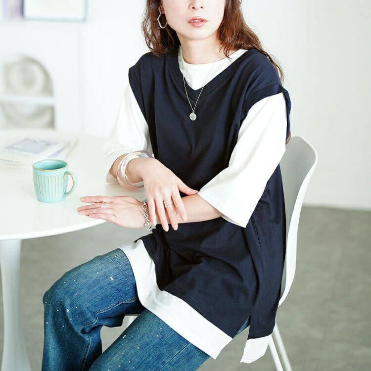 大きいサイズ レディース 接触冷感フェイクベストコットンチュニック　cpdai-659690 【メール便可】