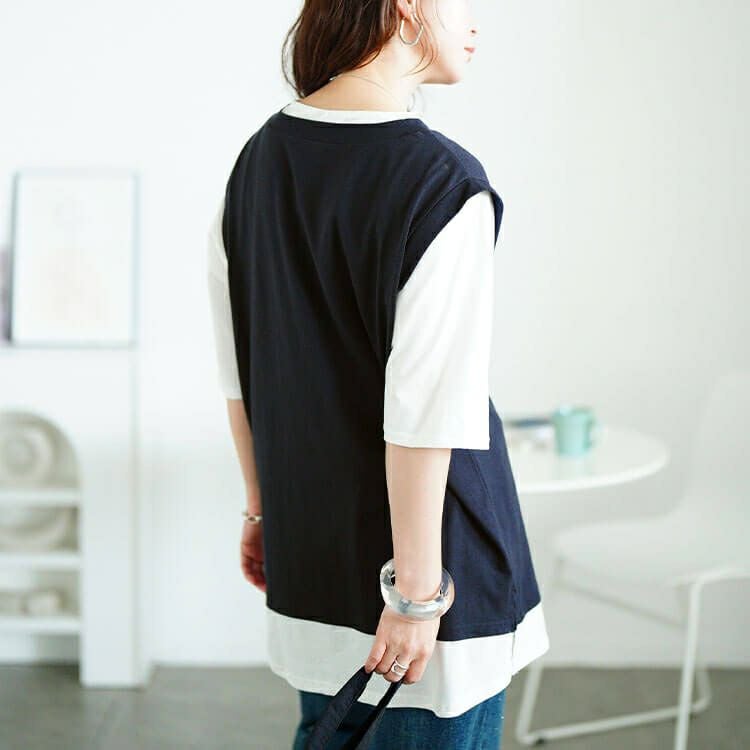 大きいサイズ レディース 接触冷感フェイクベストコットンチュニック　cpdai-659690 【メール便可】