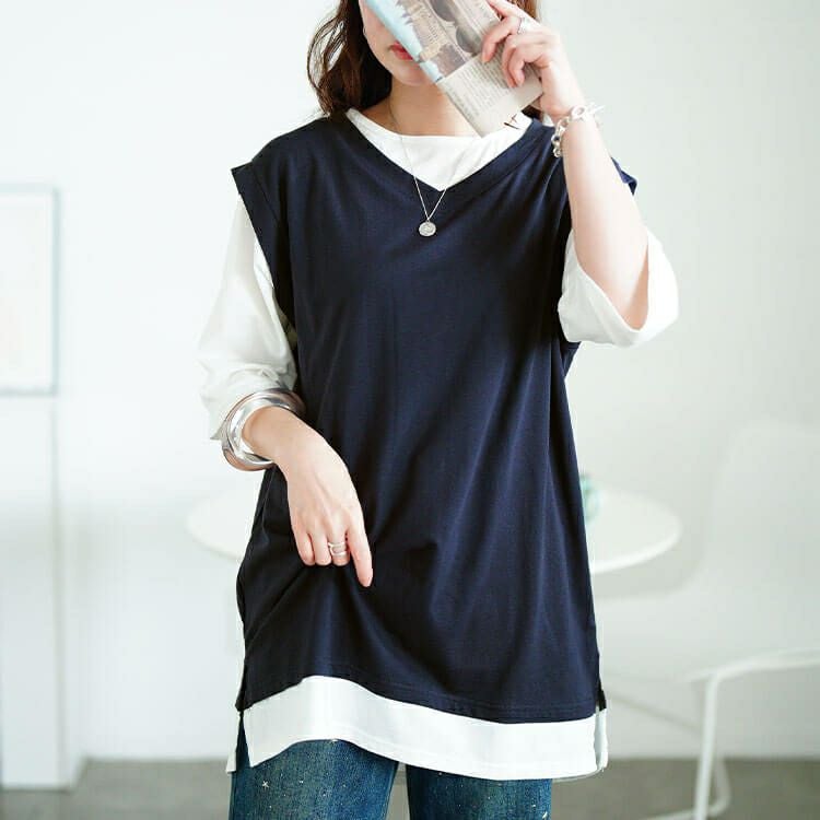 大きいサイズ レディース 接触冷感フェイクベストコットンチュニック　cpdai-659690 【メール便可】