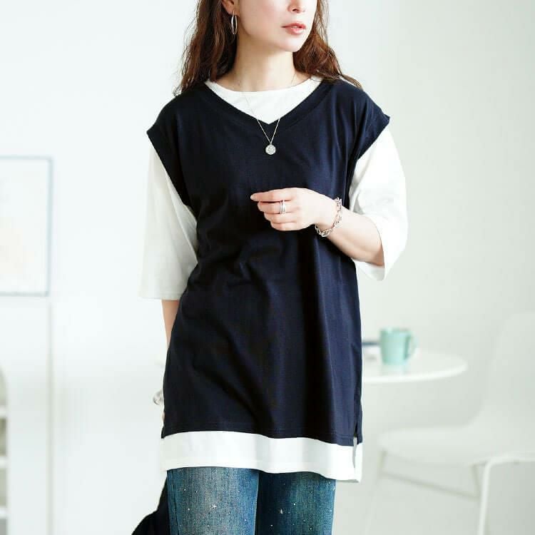 大きいサイズ レディース 接触冷感フェイクベストコットンチュニック　cpdai-659690 【メール便可】 ネイビー