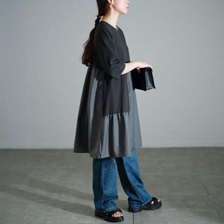 大きいサイズ レディース アシンメトリー異素材切り替えチュニック