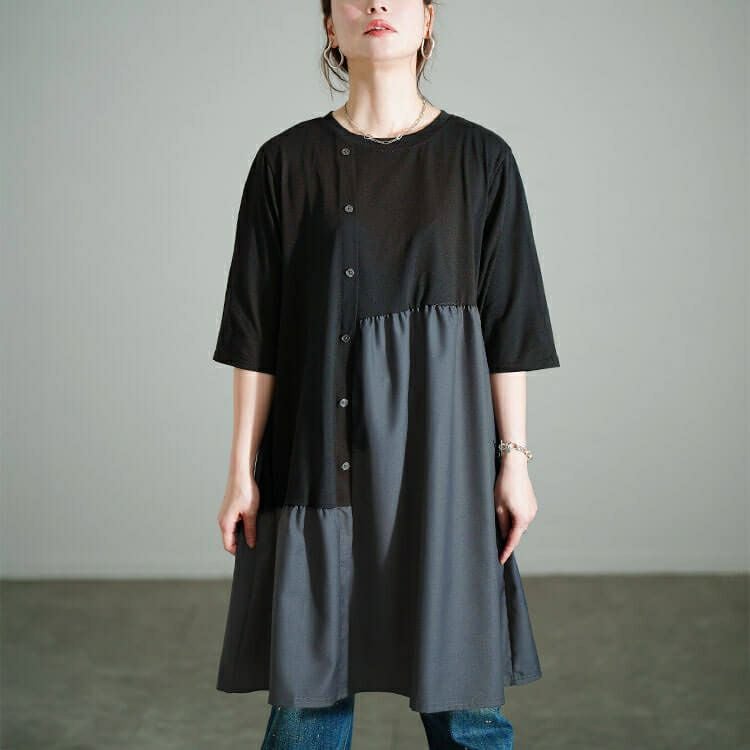 大きいサイズ レディース アシンメトリー異素材切り替えチュニック　cast-5554049 【メール便可】