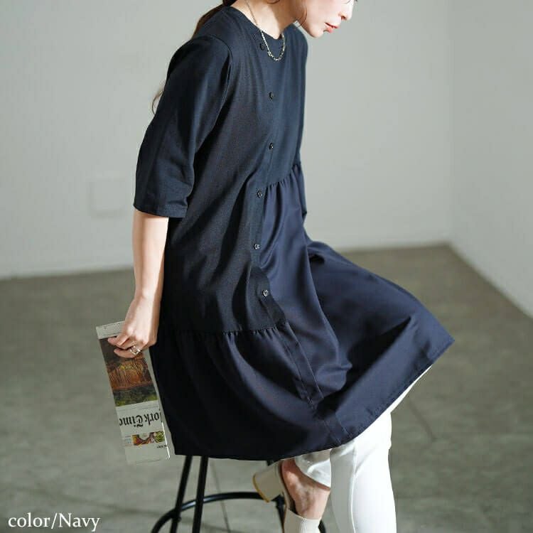 大きいサイズ レディース アシンメトリー異素材切り替えチュニック　cast-5554049 【メール便可】