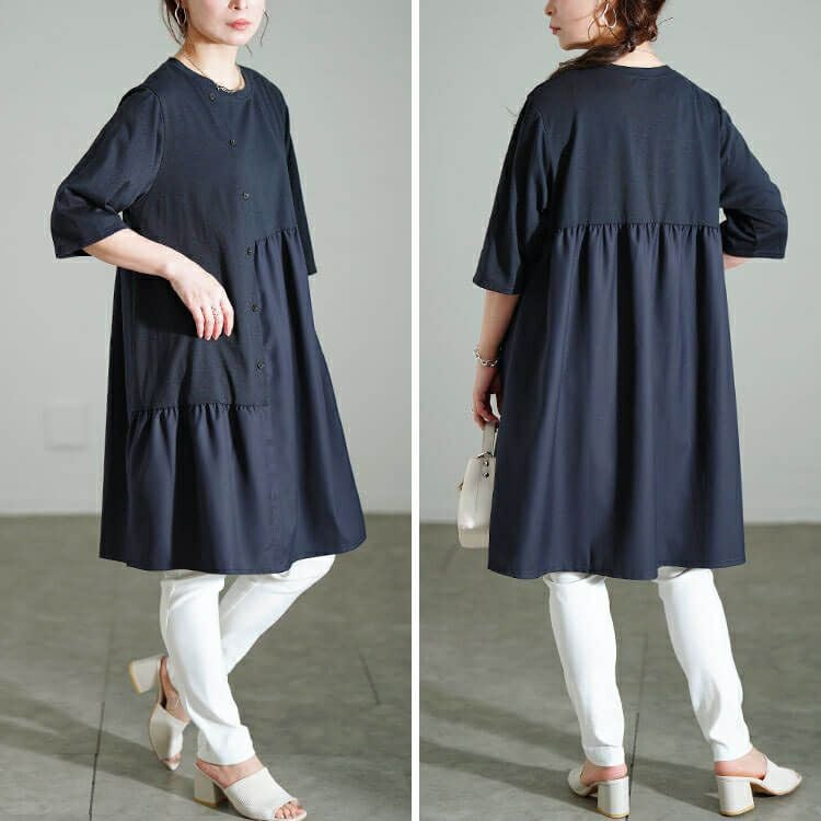 大きいサイズ レディース アシンメトリー異素材切り替えチュニック　cast-5554049 【メール便可】